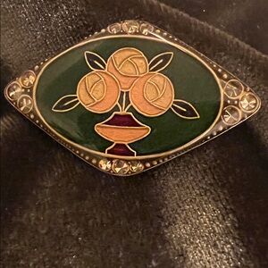 Vintage Made in France Enamel Rose Brooch w/Green Background & Rhinestones
